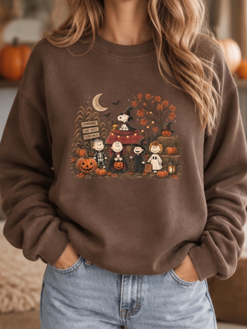 Halloween Cartoon Friends Pumpkin Patch Crewneck Sweatshirt Fall Spooky